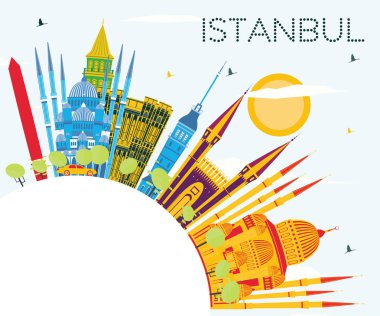 Istanbul Türkiye şehir manzarası renkli binalar, mavi gökyüzü ve kopya alanı. Vektör çizim. İş seyahat ve Turizm kavramı ile Istanbul şehir. Istanbul Cityscape yerler ile.