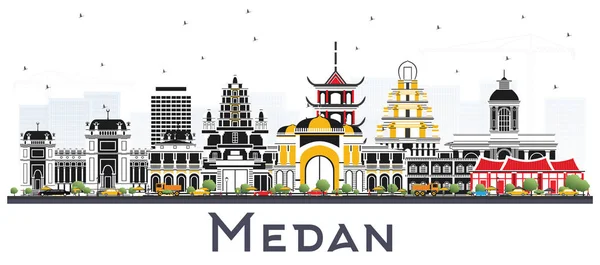 Medan Indonesia City Skyline Con Edificios Color Aislados Blanco Ilustración — Vector de stock