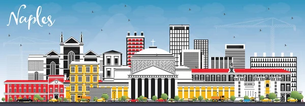 Napoli İtalya City Skyline Renkli Binalar ve Mavi Gökyüzü. Vektör İllüstrasyonu. Modern Mimariyle İş Seyahatleri ve Turizm Konsepti. Napoli Şehir Manzarası Simgeli.