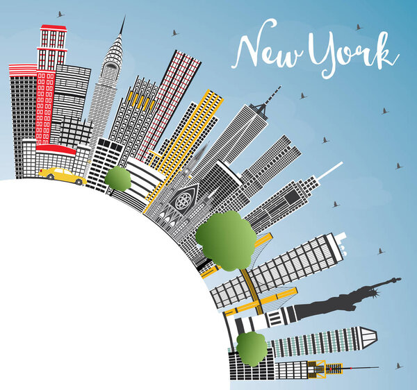 New York USA City Skyline with Gray Skyscrapers, Blue Sky and Copy Space. Vector Illustration. Business Travel and Tourism Concept with Modern Architecture. New York Cityscape with Landmarks.