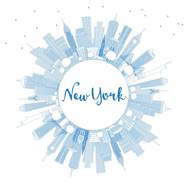 Obrys New York Usa Panorama Modré Budovy Kopírovat Prostoru Vektorové — Stockový vektor