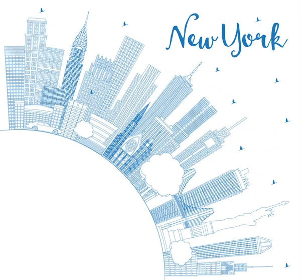 Obrys New York Usa Panorama Modré Budovy Kopírovat Prostoru Vektorové — Stockový vektor