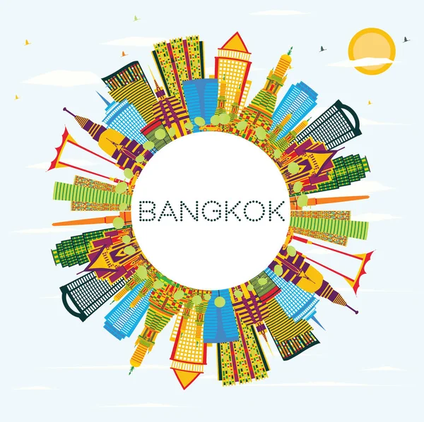 泰国曼谷的地平线上有彩色地标 蓝天和复制空间 矢量插图 商务旅游和旅游理念 曼谷城市景观与地标 — 图库矢量图片
