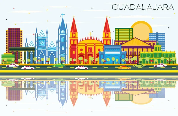色の建物 青空の反射とグアダラハラ メキシコ スカイライン ベクトルの図 ビジネス旅行や歴史的建造物を観光概念です グアダラハラ市街のランドマークと — ストックベクタ