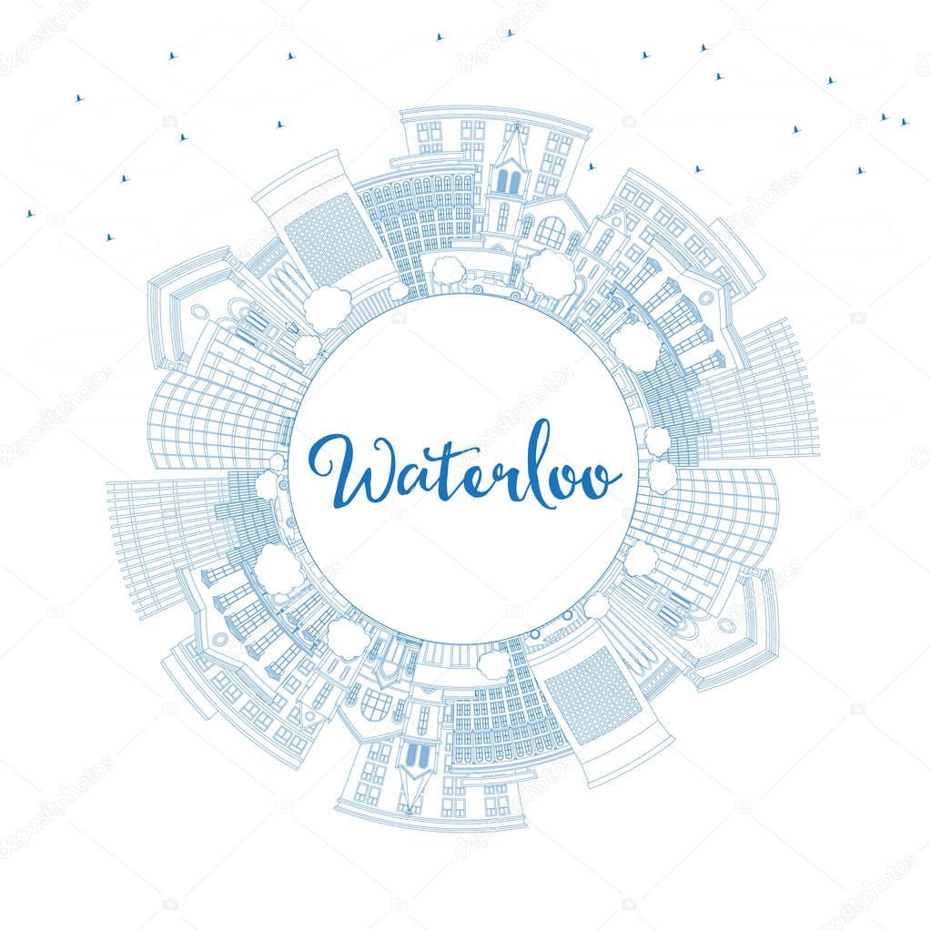 Outline Waterloo Iowa Skyline with Blue Buildings and Copy Space. Vector Illustration. Business Travel and Tourism Illustration with Historic Architecture.