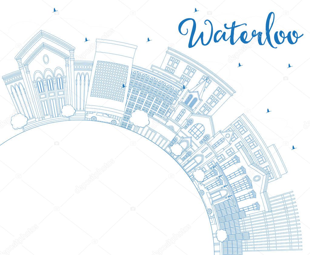 Outline Waterloo Iowa Skyline with Blue Buildings and Copy Space. Vector Illustration. Business Travel and Tourism Illustration with Historic Architecture.