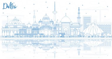 Mavi binalar ve yansımaları ile anahat Delhi Hindistan şehir manzarası. Vektör çizim. İş seyahat ve Turizm kavramı tarihi mimarisi ile. Delhi Cityscape yerler ile.
