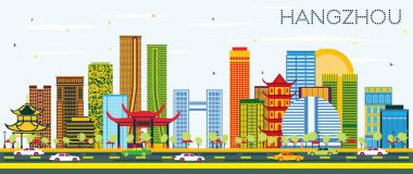Hangzhou Çin manzarası renkli binalar ve mavi gökyüzü. Vektör çizim. İş seyahat ve Turizm kavramı Modern mimariye sahip. Hangzhou Cityscape yerler ile.