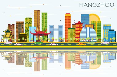 Hangzhou Çin manzarası renkli binalar, mavi gökyüzü ve yansımaları ile. Vektör çizim. İş seyahat ve Turizm kavramı Modern mimariye sahip. Hangzhou Cityscape yerler ile.