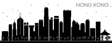Hong Kong Çin şehir manzarası siyah ve beyaz siluet. Turizm tanıtımı, başlık sayfası, afiş veya web sitesi için basit düz kavramı. Hong Kong Cityscape yerler ile. Vektör çizim.