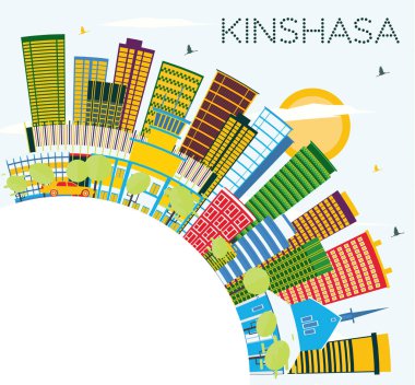 Kinshasa manzarası renkli binalar, mavi gökyüzü ve kopya alanı. Vektör çizim. İş seyahat ve Turizm kavramı Modern mimariye sahip. Kinshasa Cityscape yerler ile.