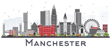 Gri beyaz izole binalar ile Manchester manzarası. Vektör çizim. İş seyahat ve Turizm kavramı Modern mimariye sahip. Manchester Cityscape yerler ile.