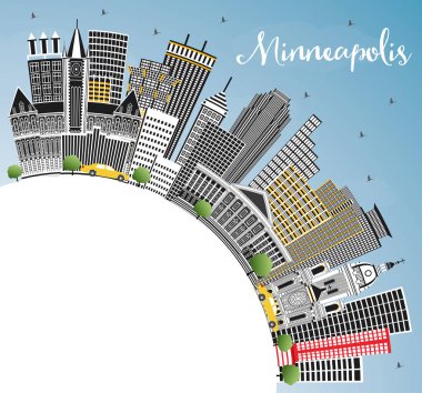 Minneapolis Minnesota manzarası renkli binalar, mavi gökyüzü ve kopya alanı. Vektör çizim. İş seyahat ve Turizm kavramı Modern mimariye sahip. Minneapolis ABD Cityscape yerler ile.