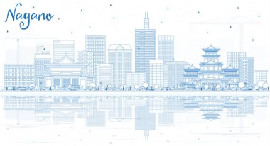 Mavi binalar ve yansımaları ile anahat Nagano Japonya şehir manzarası. Vektör çizim. İş seyahat ve Turizm kavramı Modern mimariye sahip. Nagano Cityscape yerler ile.