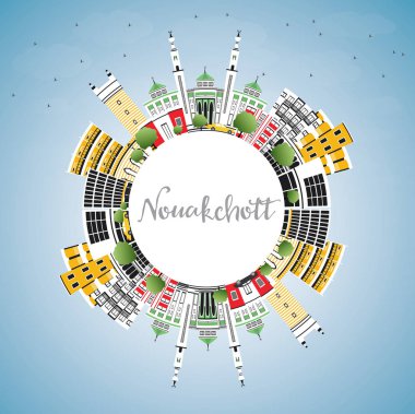 Nuakšott Moritanya şehir manzarası renkli binalar, mavi gökyüzü ve kopya alanı. Vektör çizim. İş seyahat ve Turizm kavramı Modern mimariye sahip. Nouakchott Cityscape yerler ile