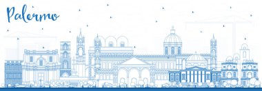 Mavi binaları ile anahat Palermo İtalya şehir manzarası. Vektör çizim. İş seyahat ve Turizm kavramı tarihi mimarisi ile. Palermo Sicilya Cityscape yerler ile.
