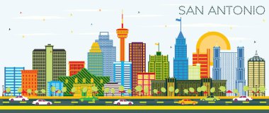 San Antonio Texas manzarası renkli binalar ve mavi gökyüzü. Vektör çizim. İş seyahat ve Turizm kavramı Modern mimariye sahip. San Antonio Cityscape yerler ile.