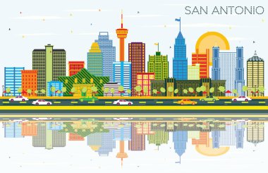 San Antonio Texas manzarası renkli binalar, mavi gökyüzü ve yansımaları ile. Vektör çizim. İş seyahat ve Turizm kavramı Modern mimariye sahip. San Antonio Cityscape yerler ile.