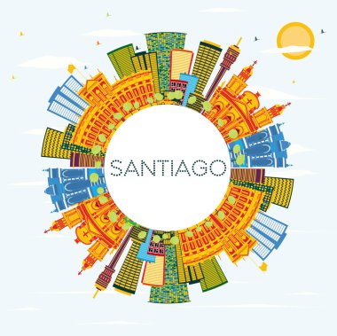 Santiago Şili manzarası renkli binalar, mavi gökyüzü ve kopya alanı. Vektör çizim. İş seyahat ve Turizm kavramı ile Modern binalar. Santiago Cityscape yerler ile.