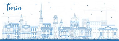 Mavi binaları ile anahat Torino İtalya şehir manzarası. Vektör çizim. İş seyahat ve Turizm kavramı Modern mimariye sahip. Turin Cityscape yerler ile.