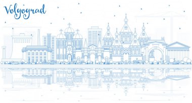 Mavi binalar ve yansımaları ile anahat Volgograd Rusya şehir manzarası. Vektör çizim. İş seyahat ve Turizm kavramı tarihi mimarisi ile. Volgograd Cityscape yerler ile.