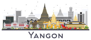 Yangon Myanmar şehir manzarası ile gri beyaz izole binalar. Vektör çizim. İş seyahat ve Turizm kavramı tarihi mimarisi ile. Yangon Cityscape yerler ile.