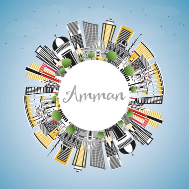 Amman Jordan Skyline renk binalar, mavi gökyüzü ve kopya alanı. Vektör çizim. İş seyahat ve Turizm kavramı Modern mimariye sahip. Amman Cityscape yerler ile.