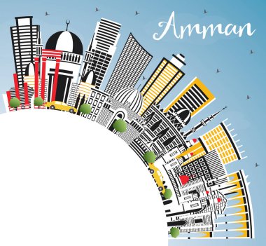 Amman Jordan Skyline renk binalar, mavi gökyüzü ve kopya alanı. Vektör çizim. İş seyahat ve Turizm kavramı Modern mimariye sahip. Amman Cityscape yerler ile.