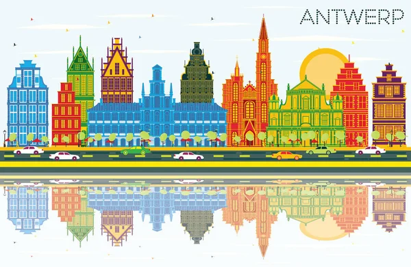 Amberes Bélgica Ciudad Skyline Con Edificios Color Cielo Azul Reflexiones — Vector de stock