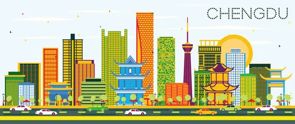 中国成都的地平线上有彩色建筑和蓝天 矢量插图 商务旅游和旅游理念与现代建筑 成都城市景观与地标 — 图库矢量图片