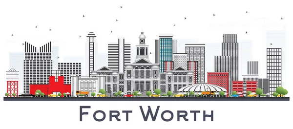Fort Worth Usa City Skyline Con Edificios Grises Aislados Blanco — Vector de stock