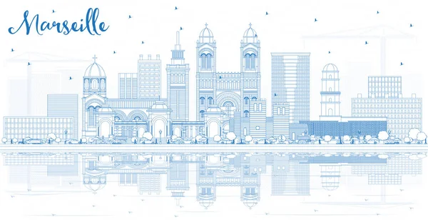 Mavi binalar ve yansımaları ile anahat Marsilya Fransa şehir manzarası. Vektör çizim. İş seyahat ve Turizm kavramı tarihi mimarisi ile. Yerler ile Marsilya Cityscape.