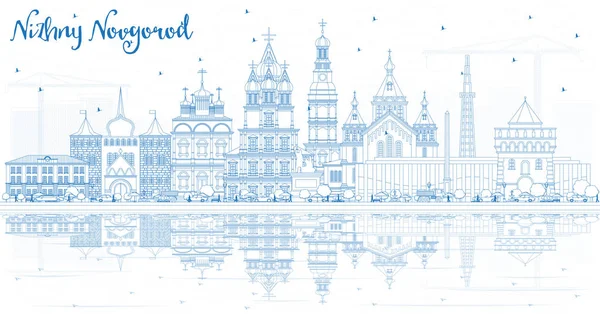 Esquema Nizhny Novgorod Rusia Ciudad Skyline Con Edificios Azules Reflexiones — Vector de stock