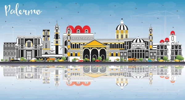 Renkli Binalar, Mavi Gökyüzü ve Yansımaları ile Palermo İtalya Şehri Skyline. Vektör İllüstrasyonu. Tarihi Mimariyle İş Seyahati ve Turizm Konsepti. Palermo Sicilya Şehir Manzarası.