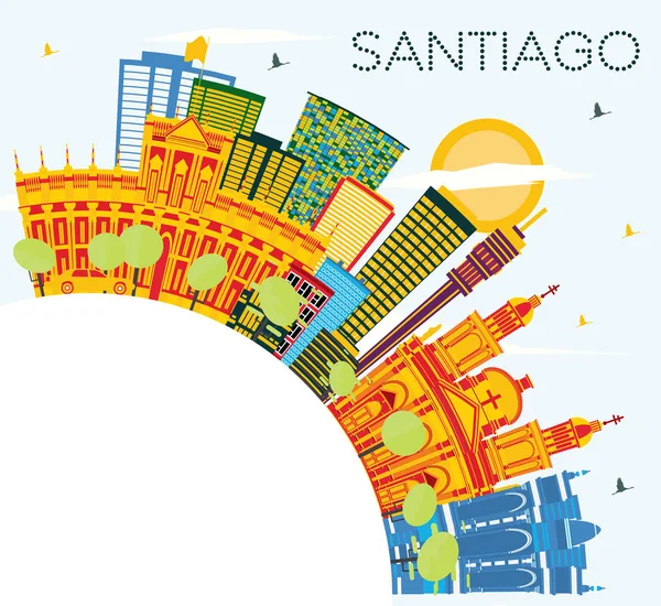 Santiago Şili manzarası renkli binalar, mavi gökyüzü ve kopya alanı. Vektör çizim. İş seyahat ve Turizm kavramı ile Modern binalar. Santiago Cityscape yerler ile.