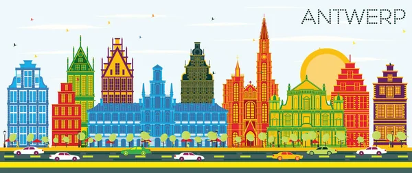 Amberes Bélgica Ciudad Skyline Con Edificios Color Cielo Azul Ilustración — Vector de stock