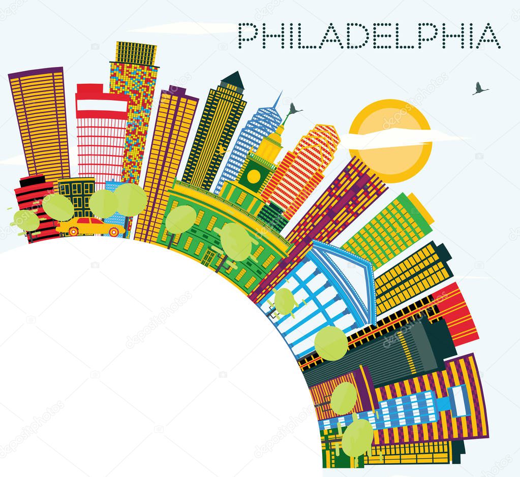 Philadelphia Skyline with Color Buildings, Blue Sky and Copy Space. Vector Illustration. Business Travel and Tourism Concept with Modern Buildings. Philadelphia Cityscape with Landmarks.