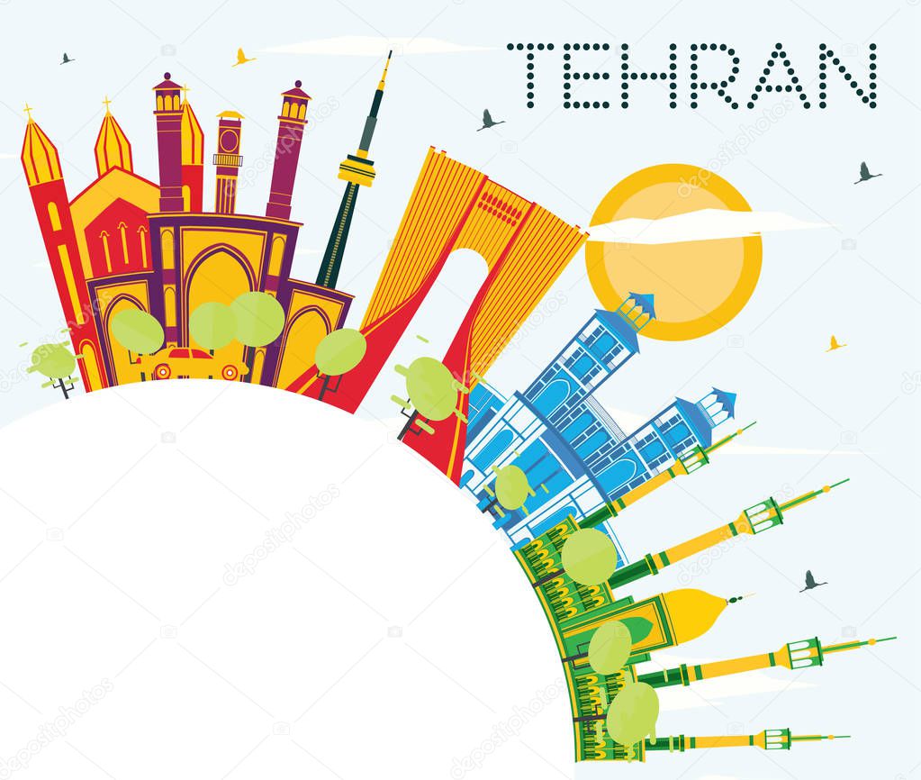 Tehran Skyline with Color Landmarks, Blue Sky and Copy Space. Vector Illustration. Business Travel and Tourism Concept with Historic Buildings. Tehran Cityscape with Landmarks.