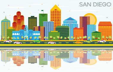 San Diego California manzarası renkli binalar, mavi gökyüzü ve yansımaları ile. Vektör çizim. İş seyahat ve Turizm kavramı Modern mimariye sahip. San Diego Cityscape yerler ile.