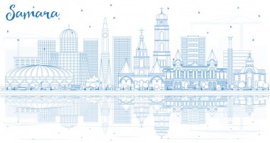 Mavi binalar ve yansımaları ile anahat Samara Rusya şehir manzarası. Vektör çizim. İş seyahat ve Turizm kavramı Modern mimariye sahip. Samara Cityscape yerler ile.