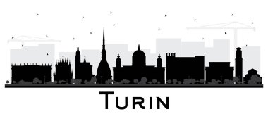 Torino İtalya şehir manzarası siluet siyah üzerinde beyaz izole binalar. Vektör çizim. İş seyahat ve Turizm kavramı Modern mimariye sahip. Turin Cityscape yerler ile.