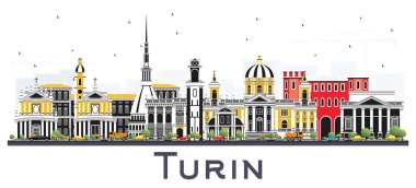 Torino İtalya şehir manzarası ile renk üzerine beyaz izole binalar. Vektör çizim. İş seyahat ve Turizm kavramı Modern mimariye sahip. Turin Cityscape yerler ile.