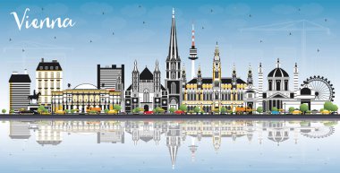 Renkli Binalar, Mavi Gökyüzü ve Yansımaları ile Viyana Avusturya Şehri Skyline. Vektör İllüstrasyonu. Tarihi Mimariyle İş Seyahati ve Turizm Konsepti. Tarihi Simgeli Viyana Şehir Manzarası.