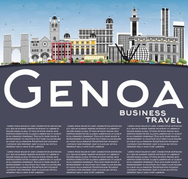 Cenova İtalya şehir manzarası renkli binalar, mavi gökyüzü ve kopya alanı. Vektör çizim. İş seyahat ve Turizm kavramı Modern mimariye sahip. Cenova Cityscape yerler ile.