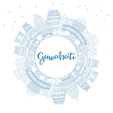 Anahat Guwahati Hindistan şehir manzarası ile mavi binalar ve kopya alanı. Vektör çizim. İş seyahat ve Turizm kavramı tarihi mimarisi ile. Guwahati Cityscape yerler ile.