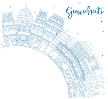 Anahat Guwahati Hindistan şehir manzarası ile mavi binalar ve kopya alanı. Vektör çizim. İş seyahat ve Turizm kavramı tarihi mimarisi ile. Guwahati Cityscape yerler ile.