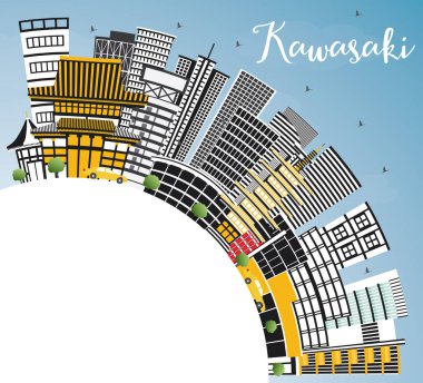 Kawasaki Japonya şehir manzarası renkli binalar, mavi gökyüzü ve kopya alanı. Vektör çizim. İş seyahat ve Turizm kavramı tarihi mimarisi ile. Kawasaki Cityscape yerler ile.