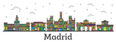 Anahat Madrid İspanya şehir manzarası ile renk üzerine beyaz izole binalar. Vektör çizim. Madrid Cityscape yerler ile.
