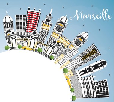 Marsilya Fransa şehir manzarası ile gri binalar, mavi gökyüzü ve kopya alanı. Vektör çizim. İş seyahat ve Turizm kavramı tarihi mimarisi ile. Yerler ile Marsilya Cityscape.
