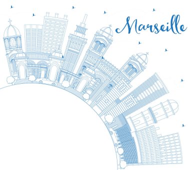 Anahat Marsilya Fransa şehir manzarası ile mavi binalar ve kopya alanı. Vektör çizim. İş seyahat ve Turizm kavramı tarihi mimarisi ile. Yerler ile Marsilya Cityscape.